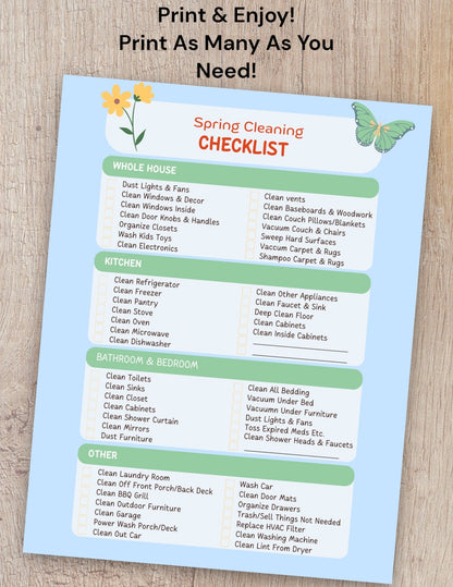 "Printable Spring Cleaning Organizer with Checkboxes"