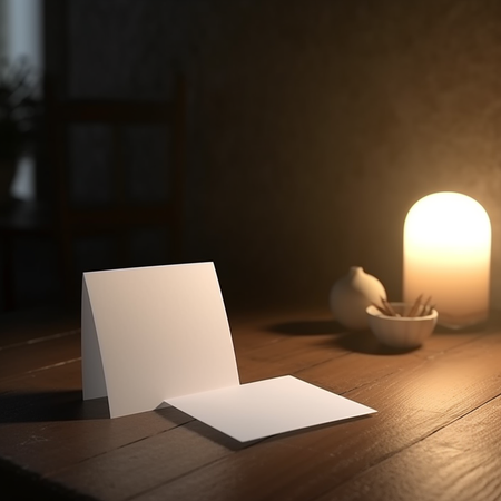 PNG mockup of stationary cards in soft light on dark wood