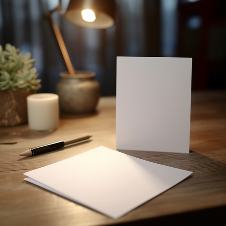 Stationary blank white card mockup with natural light PNG