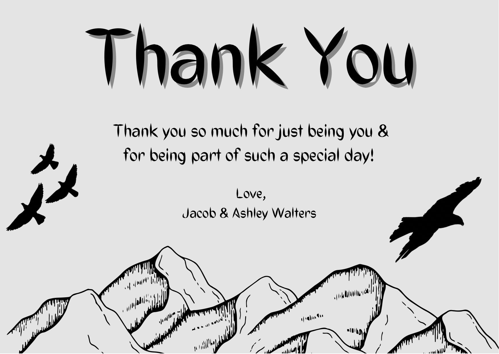 "Customizable Thank You Card with Birds and Mountains Design"