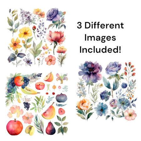 "Watercolor Fruit and Flowers Clipart PNG Image Pack"