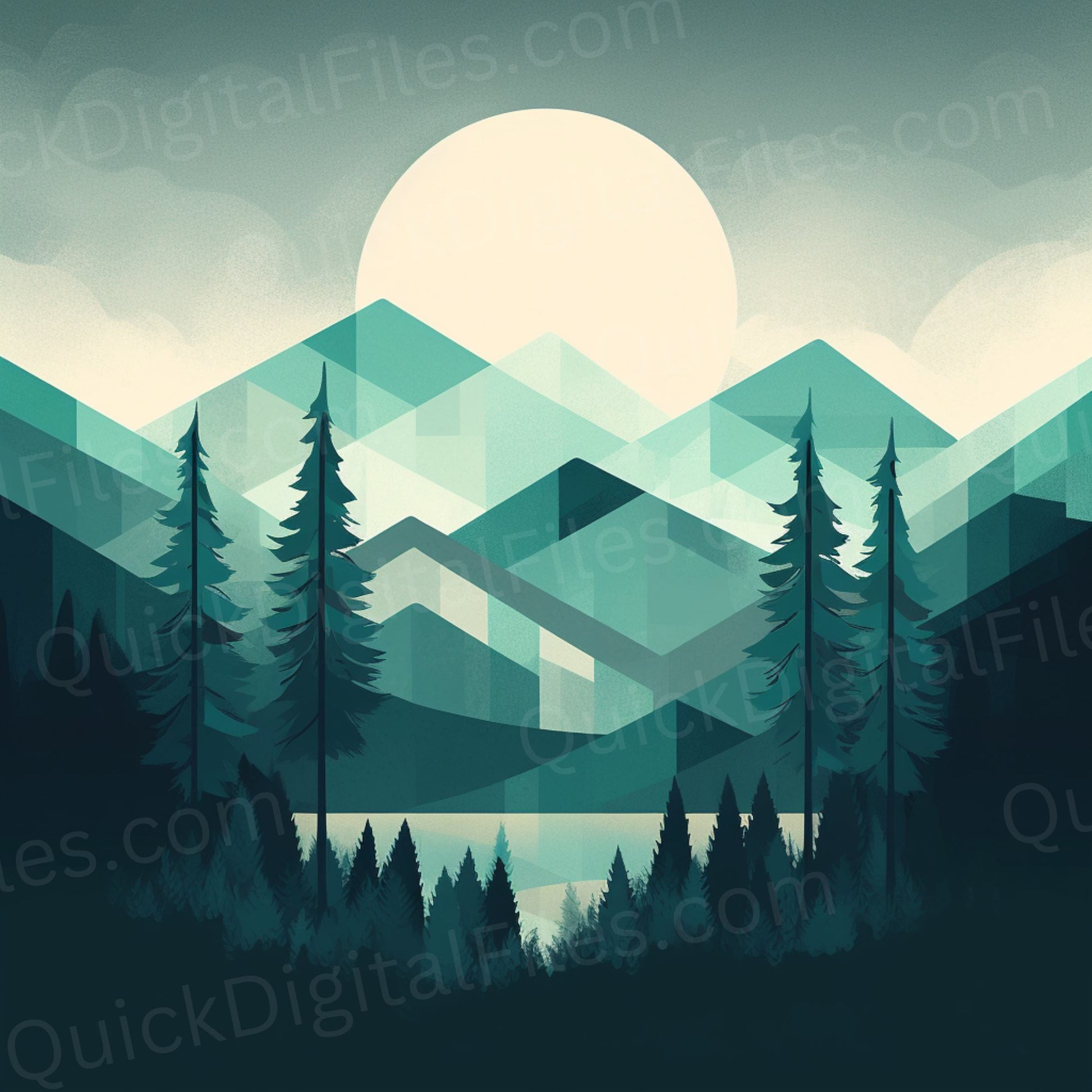 Minimalist green nature art depicting trees and mountains png
