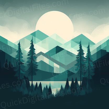 Minimalist green nature art depicting trees and mountains png