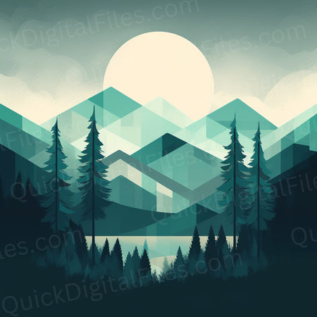 Minimalist green nature art depicting trees and mountains png