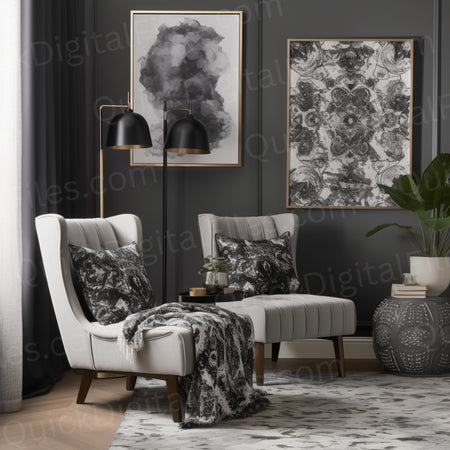 Monochrome Serenity print in a modern grey living room setting.