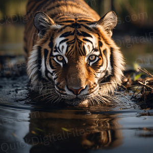 Tiger hunting in water reflection photo