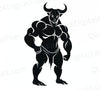 Angry minotaur silhouette with sharp horns in graphic black on white