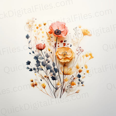 Wabi Sabi watercolor flowers digital art download
