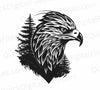 Bold eagle head with pine trees silhouette