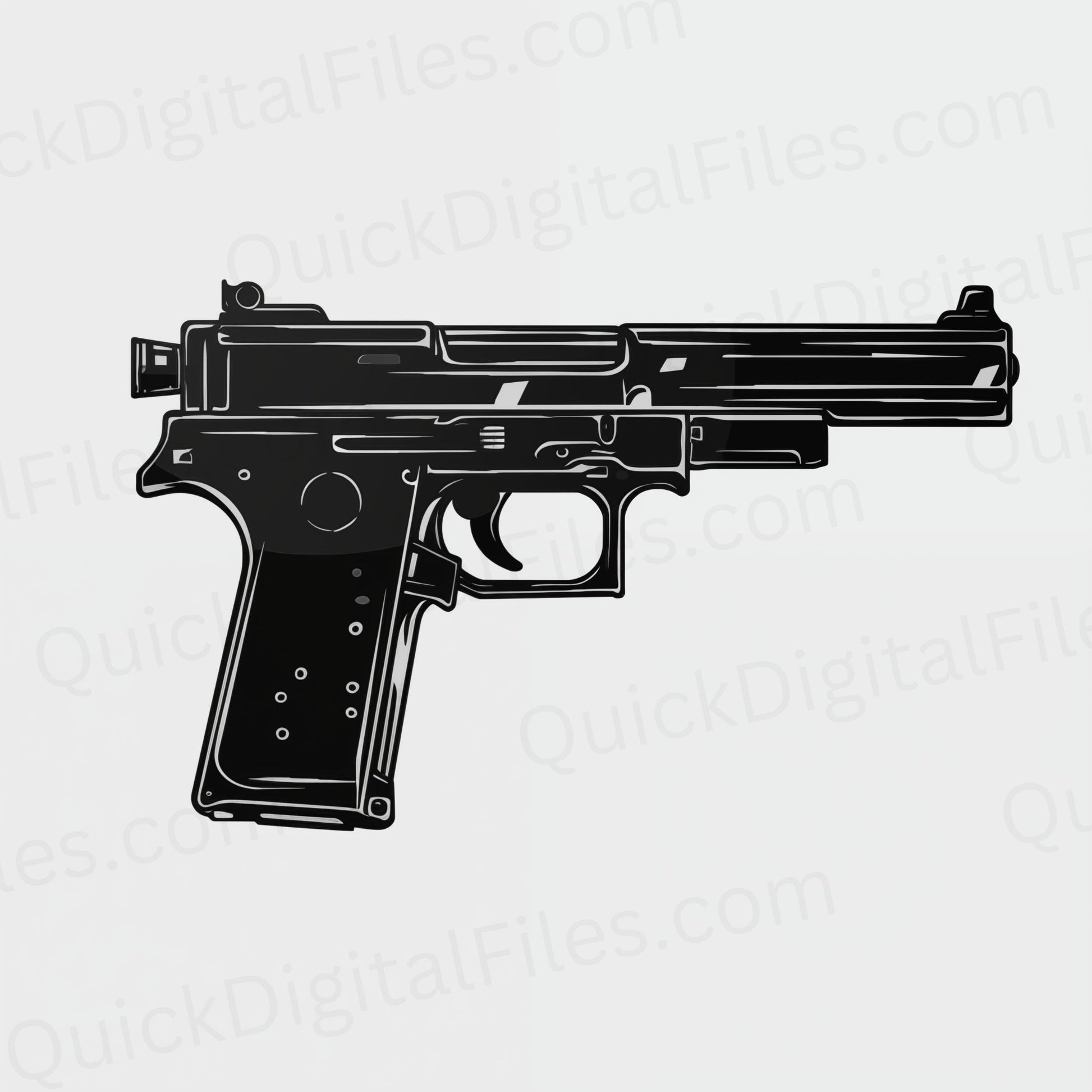 Digital art of gun silhouette in black and white for immediate download