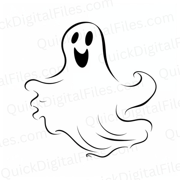 "Happy ghost silhouette in graphic black on white background."