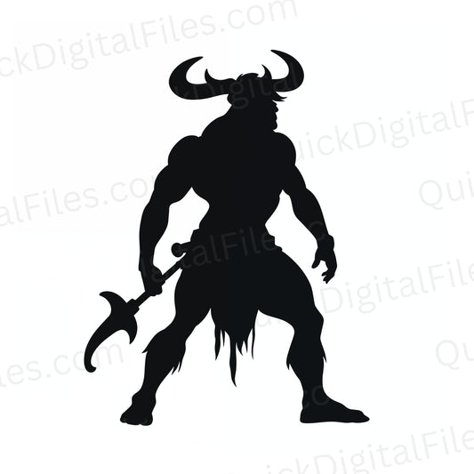 "Majestic minotaur silhouette ready for battle in digital art."
