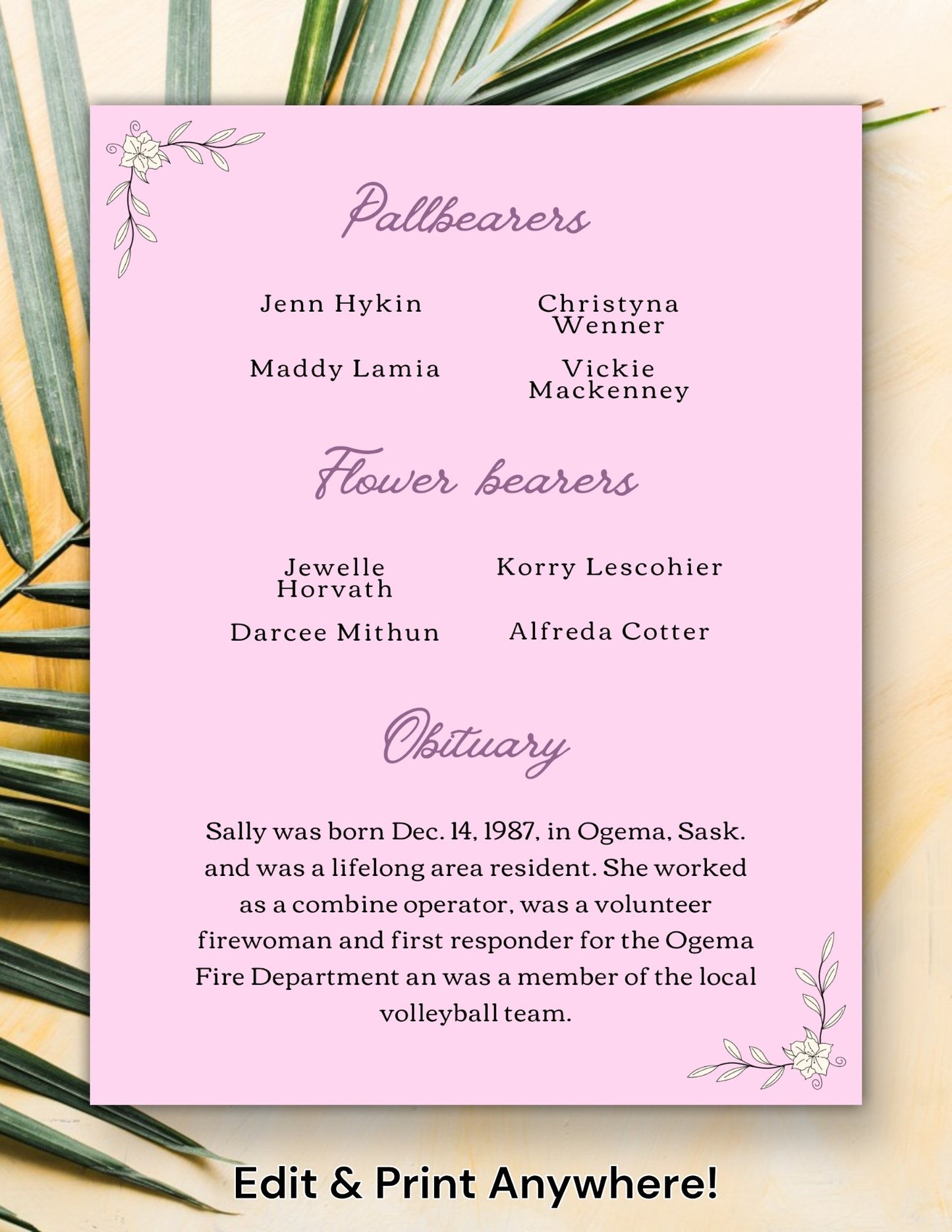 "Editable Funeral Service Program for Women"