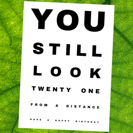 "Downloadable 'You Still Look 21' Eye Chart Birthday Card Template"